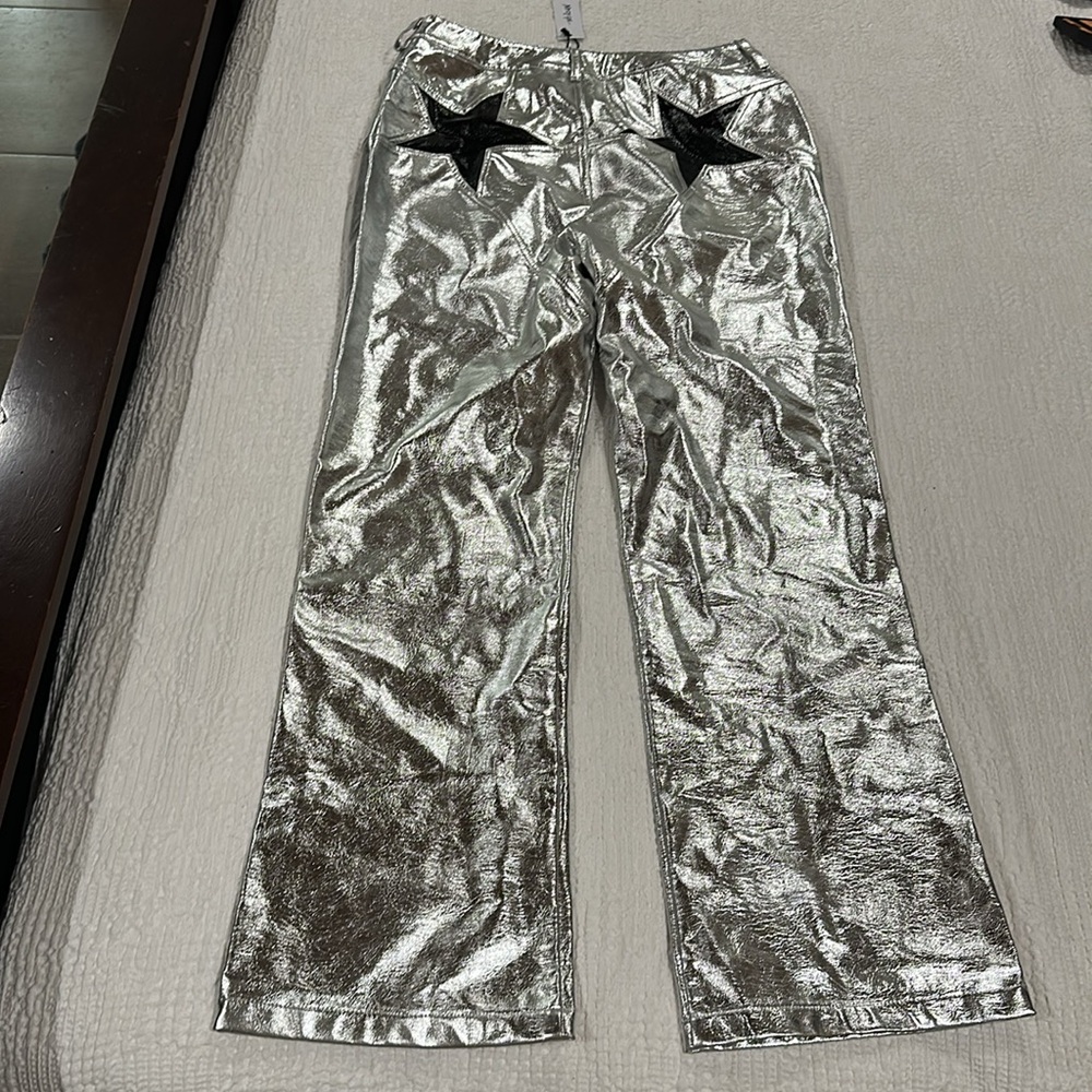 NASTY GAL Metallic Star Bum Faux Leather Trousers Silver Pants - Picture 4 of 12